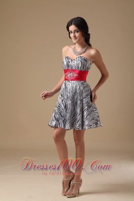 Zebra Beading Prom Holiday Dress Red Waistband A-line