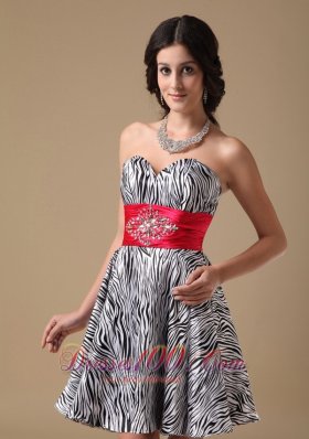 Zebra Beading Prom Holiday Dress Red Waistband A-line