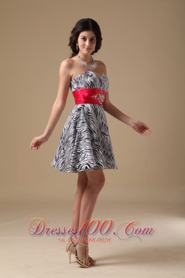 Zebra Beading Prom Holiday Dress Red Waistband A-line