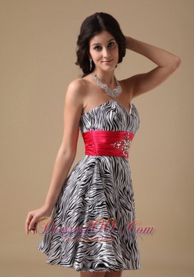 Zebra Beading Prom Holiday Dress Red Waistband A-line