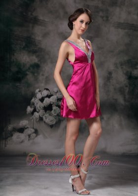 Fuchsia A-line V-neck Beading Prom Homecoming Dress