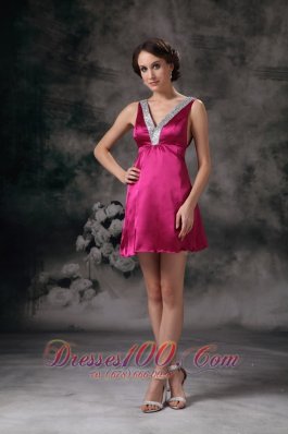 Fuchsia A-line V-neck Beading Prom Homecoming Dress