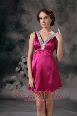 Fuchsia A-line V-neck Beading Prom Homecoming Dress