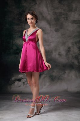 Fuchsia A-line V-neck Beading Prom Homecoming Dress