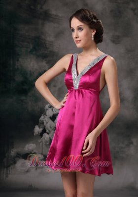 Fuchsia A-line V-neck Beading Prom Homecoming Dress