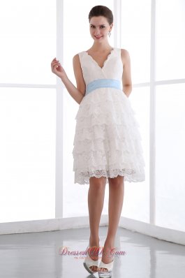 White Lace V-neck Mini Blue Sash Prom Party Dress