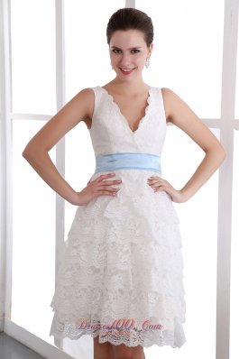 White Lace V-neck Mini Blue Sash Prom Party Dress