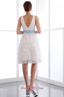 White Lace V-neck Mini Blue Sash Prom Party Dress