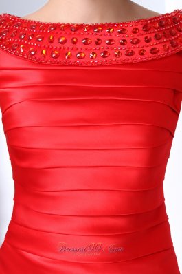 Red Column Bateau Mini Beading ruched Prom Dress