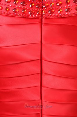 Red Column Bateau Mini Beading ruched Prom Dress