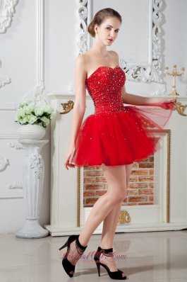 Beading Red Prom Dress Mini-length Tulle A-line