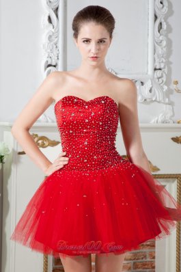 Beading Red Prom Dress Mini-length Tulle A-line