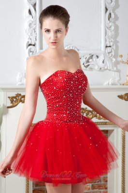 Beading Red Prom Dress Mini-length Tulle A-line