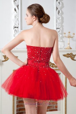 Beading Red Prom Dress Mini-length Tulle A-line