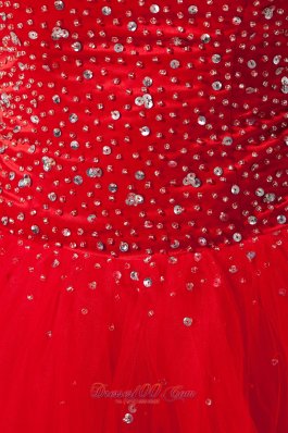 Beading Red Prom Dress Mini-length Tulle A-line