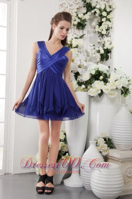 Navy Empire V-neck Short Ruch Bridesmaid Dress