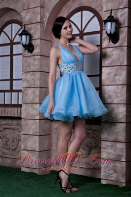 Aqua A-line Deep V-neck Beading Prom Homecoming Dress