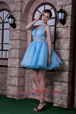 Aqua A-line Deep V-neck Beading Prom Homecoming Dress