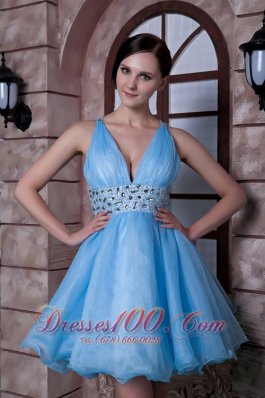 Aqua A-line Deep V-neck Beading Prom Homecoming Dress