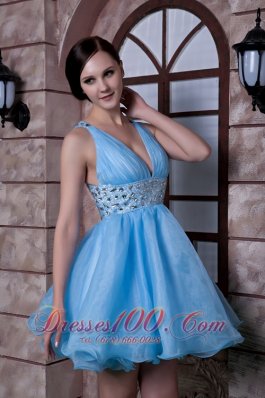 Aqua A-line Deep V-neck Beading Prom Homecoming Dress