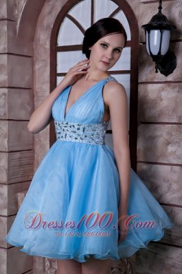 Aqua A-line Deep V-neck Beading Prom Homecoming Dress