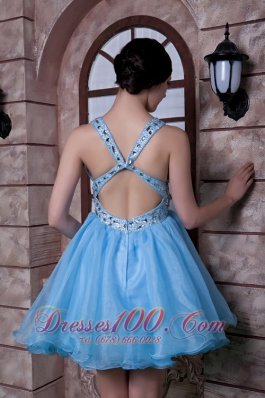 Aqua A-line Deep V-neck Beading Prom Homecoming Dress