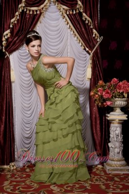 Olive Green Empire Tiers Brush Prom / Evening Dress