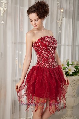 Handkerchief Hem Party Dress Beading Wine Red