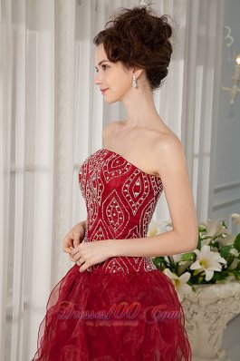 Handkerchief Hem Party Dress Beading Wine Red