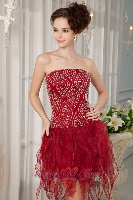 Handkerchief Hem Party Dress Beading Wine Red