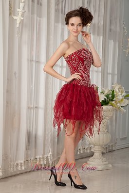 Handkerchief Hem Party Dress Beading Wine Red