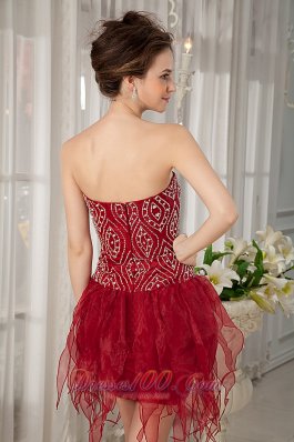 Handkerchief Hem Party Dress Beading Wine Red