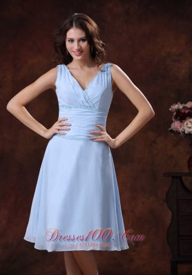 V-neck Two Straps Ruch Prom Dress With Knee-length