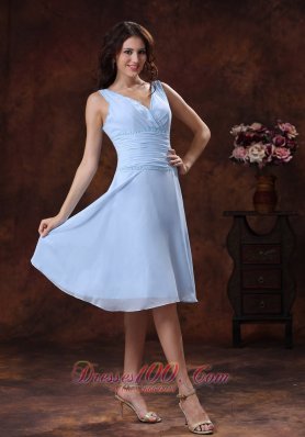 V-neck Two Straps Ruch Prom Dress With Knee-length