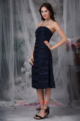 Navy Knee-length Beaded Lace Ruch Bridesmaid Dress