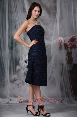 Navy Knee-length Beaded Lace Ruch Bridesmaid Dress