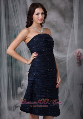 Navy Knee-length Beaded Lace Ruch Bridesmaid Dress