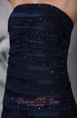 Navy Knee-length Beaded Lace Ruch Bridesmaid Dress