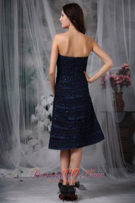 Navy Knee-length Beaded Lace Ruch Bridesmaid Dress