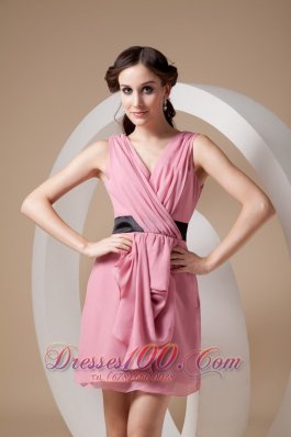 Rose Pink Column V-neck Mini Ruch Bridesmaid Dress