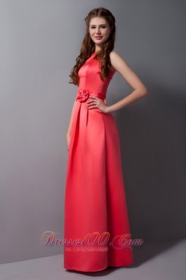 High Neck Coral Column Sash Prom Dress Long