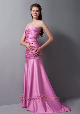 Mermaid Rose Pink Strapless Brush Ruch Prom Dress