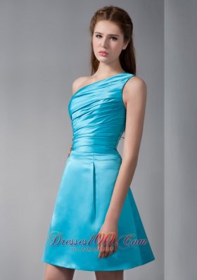 Aqua A-line Asym One Shoulder Mini Ruch Prom Gown