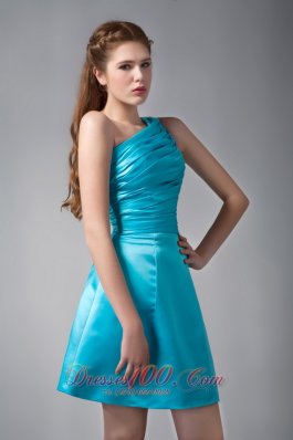 Aqua A-line Asym One Shoulder Mini Ruch Prom Gown