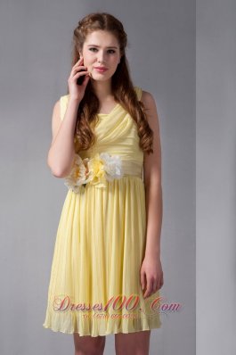 Hand Flowers Yellow Empire Ruched Straps Prom Gown