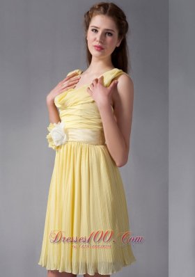 Hand Flowers Yellow Empire Ruched Straps Prom Gown