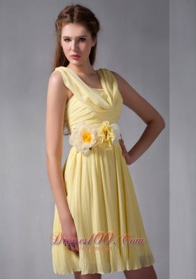 Hand Flowers Yellow Empire Ruched Straps Prom Gown