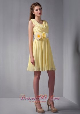 Hand Flowers Yellow Empire Ruched Straps Prom Gown