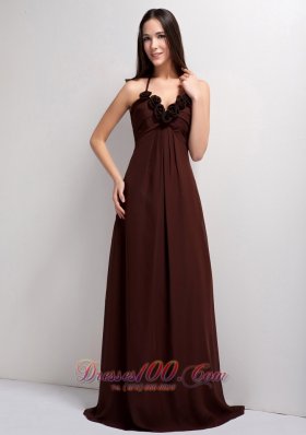 Thin Halter Brown Empire Brush Flowers Prom Gowns