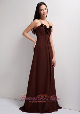 Thin Halter Brown Empire Brush Flowers Prom Gowns